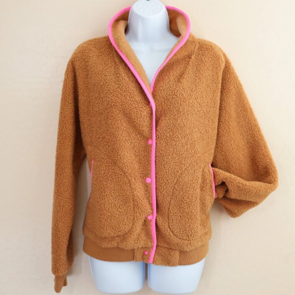 Marine Layer Women’s Sierra Sherpa Jacket Small Brown Fleece Neon Pink Trim